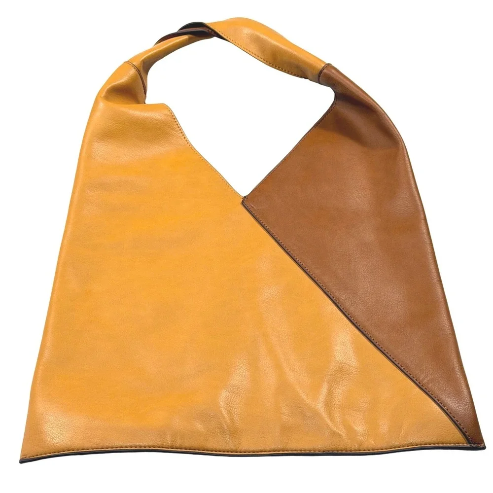 Urban Outfitters Two Tone Vegan Leather Hobo Bag Tan Brown Triangle Tote EUC